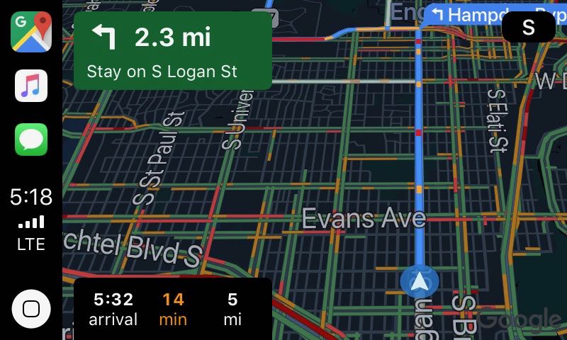 Google Maps app, main display, nighttime mode (dark)