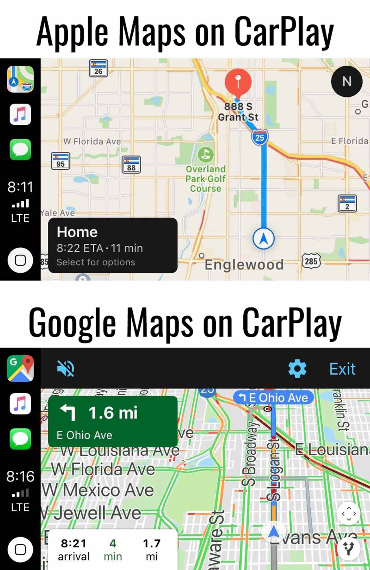 Apple Maps vs. Google Maps on CarPlay - basic visual differences