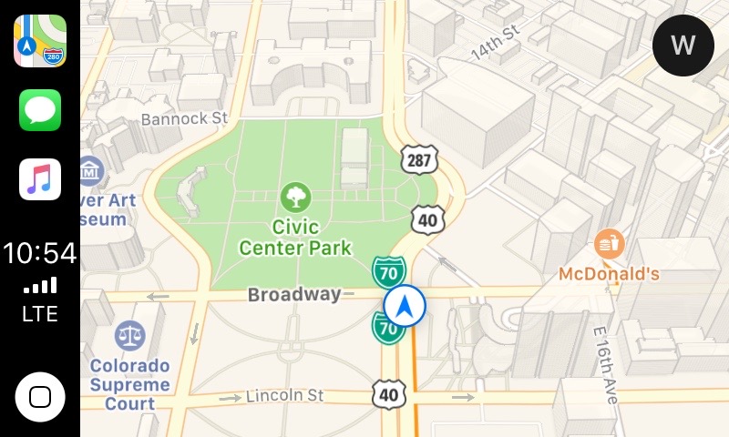 CarPlay screenshot of Apple Maps' 3D view