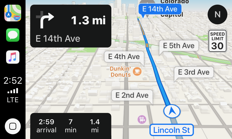 CarPlay screenshot of Maps' 3D view